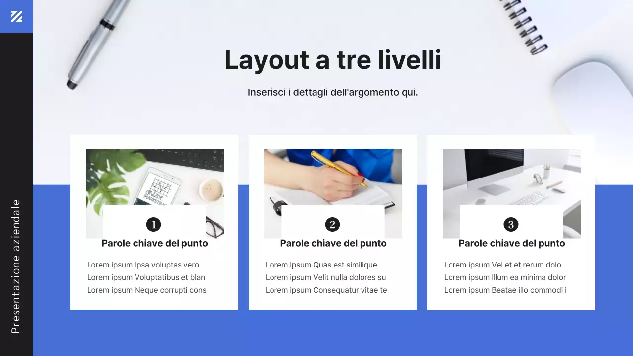 Lavoratore d'ufficio moderno in blu presentazione del documento aziendale