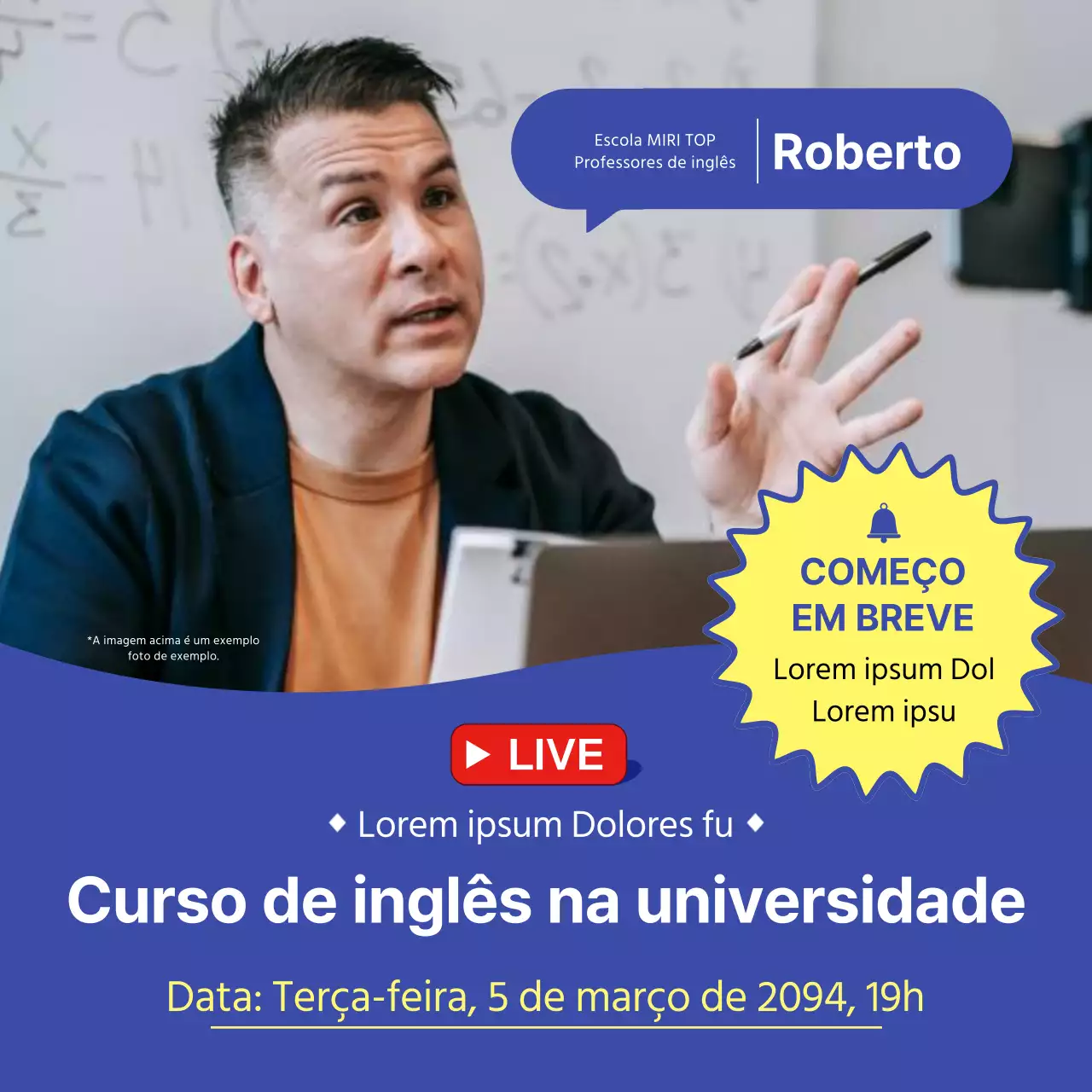 Promover o anúncio em direto da sessão de informação sobre o ensino do inglês simples azul e amarelo