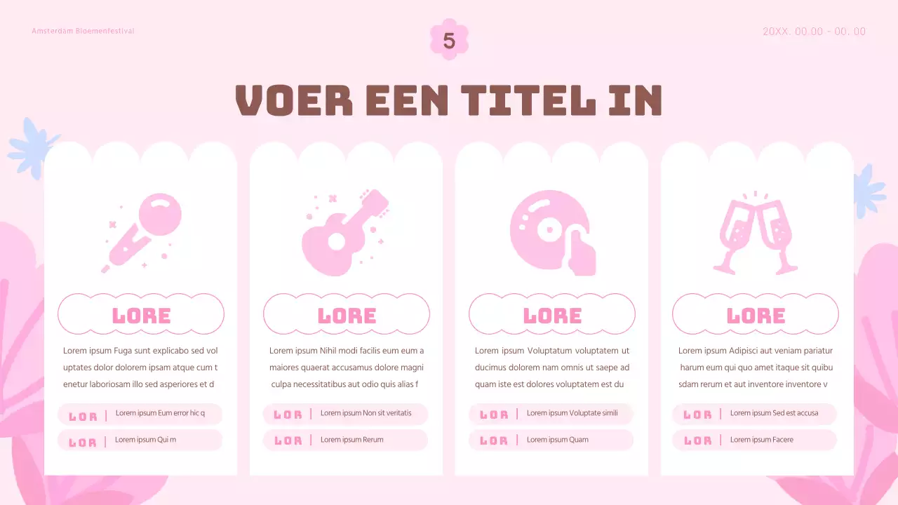 Een festivalplanner met lentebloemen, roze en lichtblauw