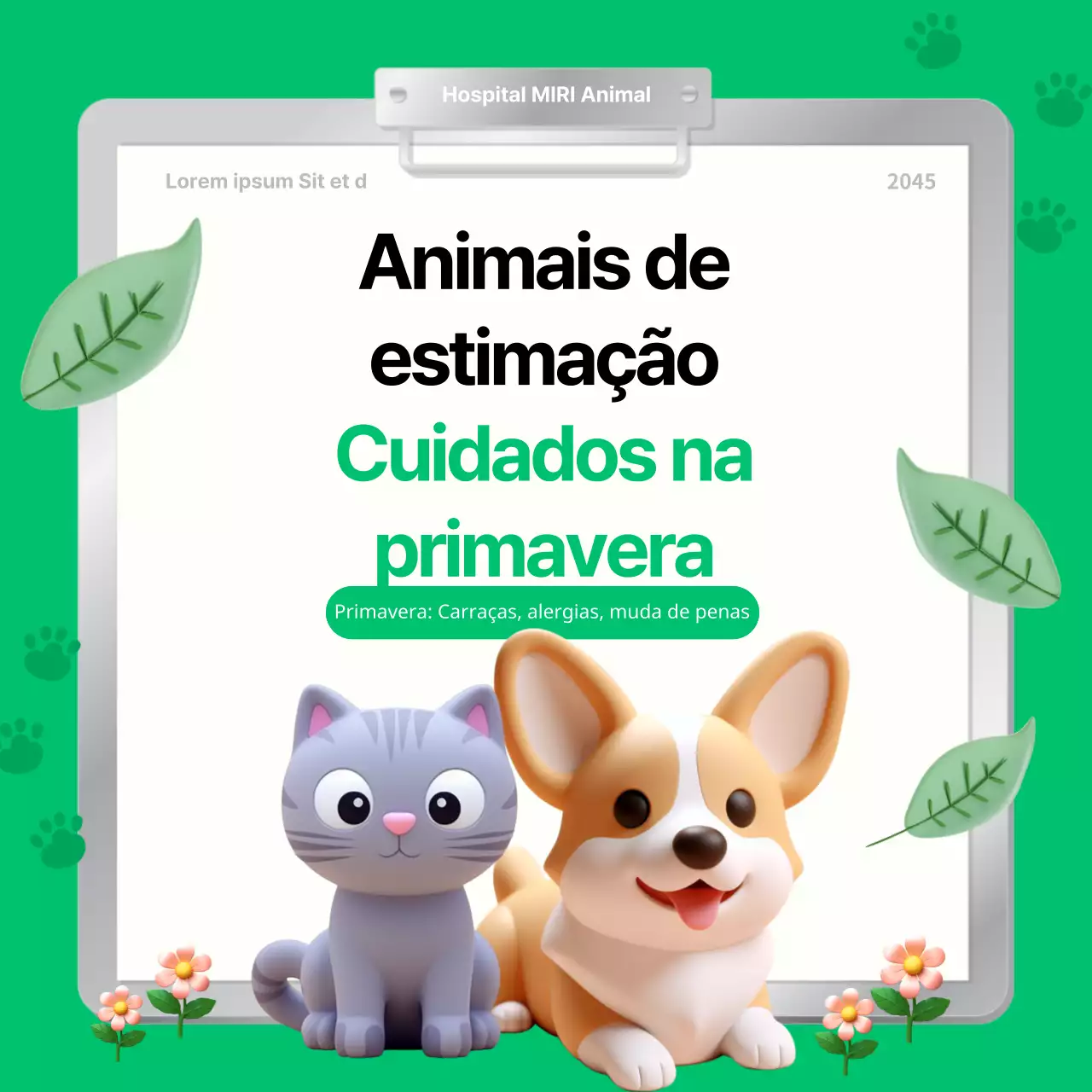 Cuidados com os animais de estimação na primavera explicados em simples cores verdes e castanhas