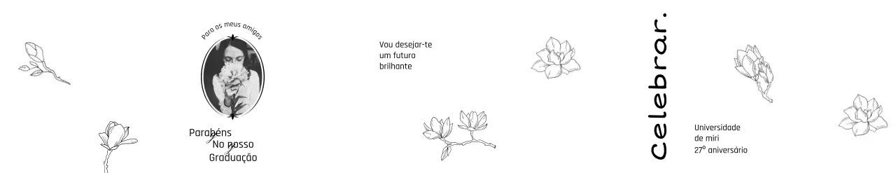Formatura com um toque de classe com ilustrações de linhas florais e fotografias