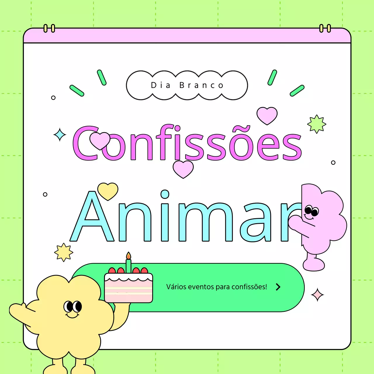 Promover um evento kitsch do Dia Branco com cores fluorescentes e rosas quentes