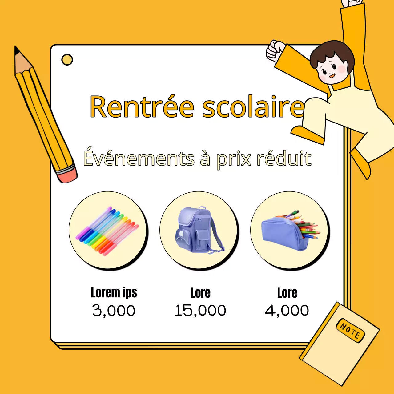 Annonce simple de vente de rentrée scolaire en jaune et orange