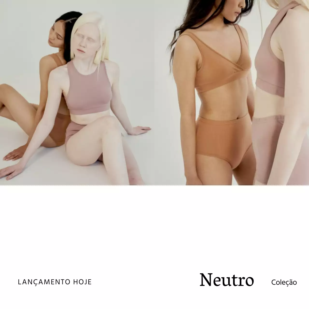 Anúncio de lançamento de moda básica branca e bege