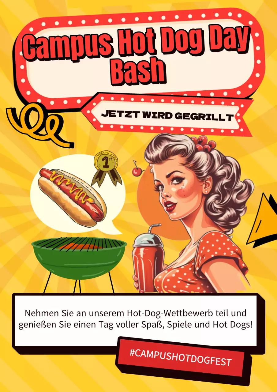 Gelbe und rote Retro Campus Hotdog Day Werbung