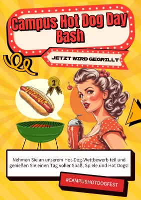 Gelbe und rote Retro Campus Hotdog Day Werbung