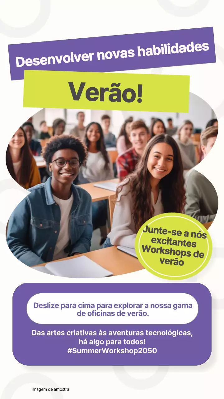 Convite para workshop de verão na moda em roxo e lima