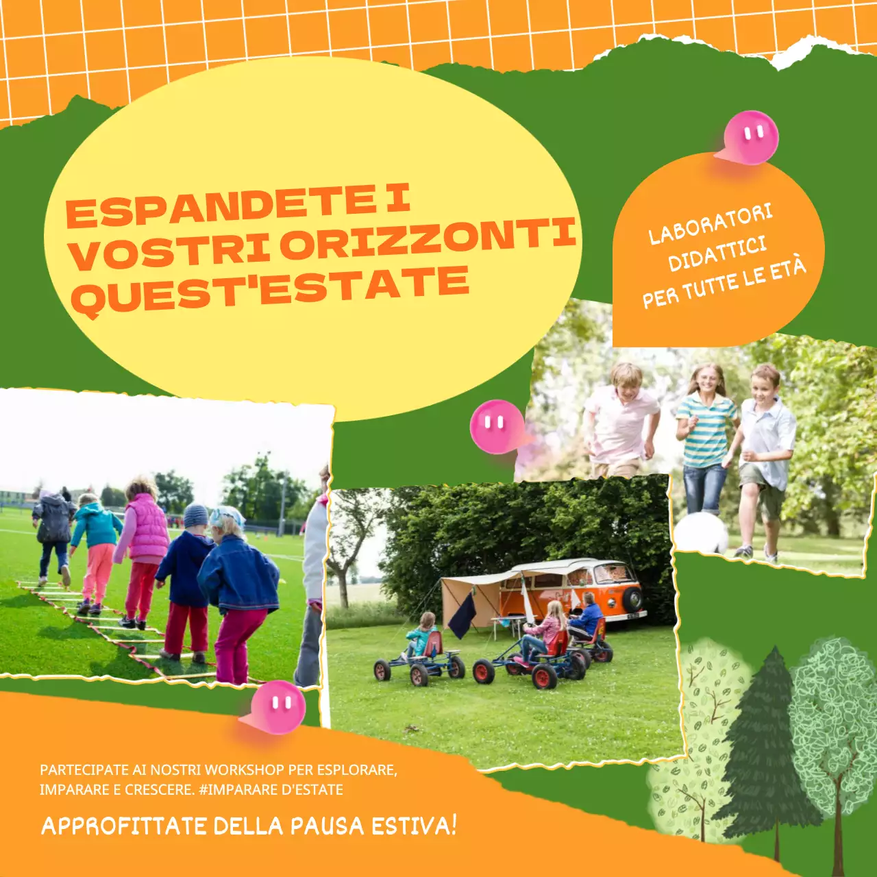 Laboratorio estivo per bambini di tendenza arancione e verde Pubblicità