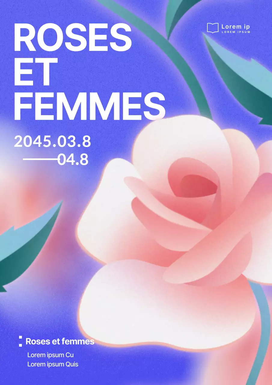 Illustrations de roses roses et bleues et promotion du Salon du livre de la Journée de la femme