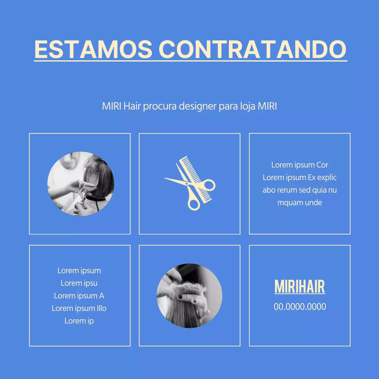 Anúncio de emprego de cabeleireiro simples em azul e amarelo