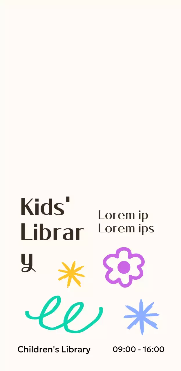 A cute concept children's library with colorful hand-drawn illustrations