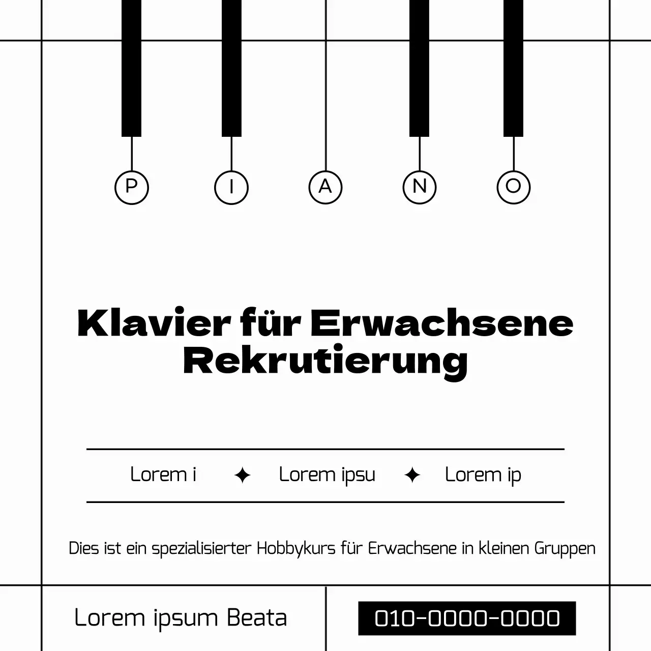 Eine einfache schwarz-weiße Anzeige für Klavierschüler