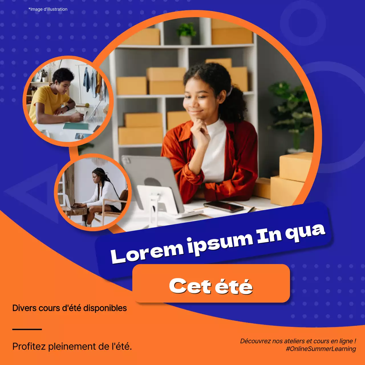 Promouvoir un atelier d'été en ligne audacieux en bleu et orange