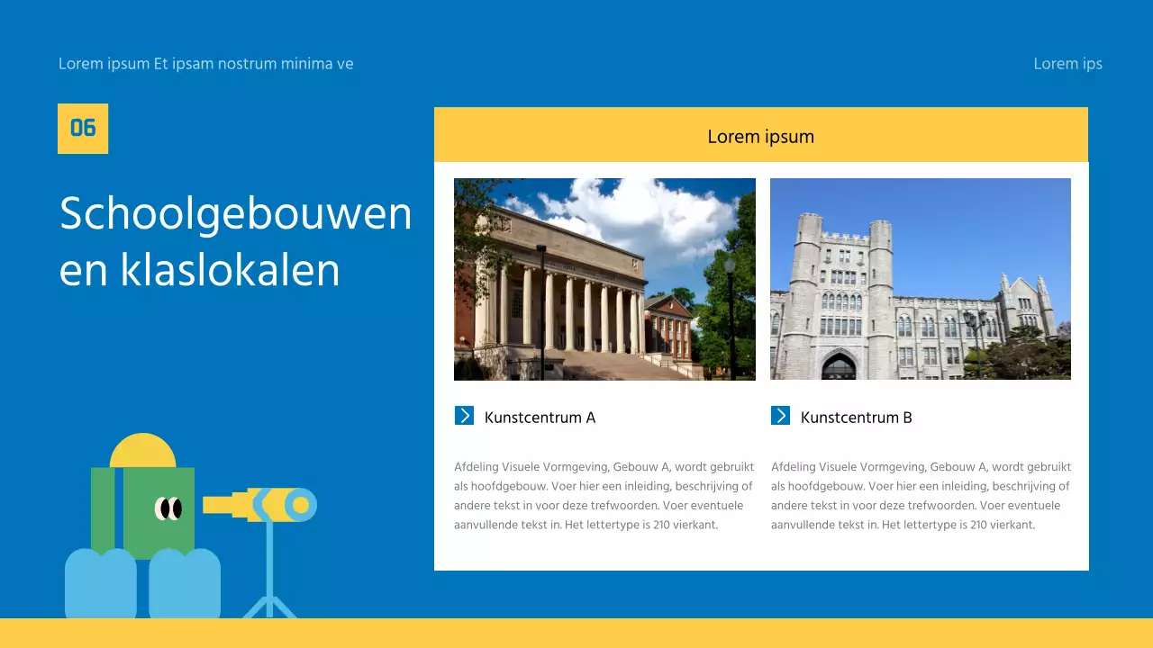 Geel en blauw universitair oriëntatiemateriaal voor nieuwe studenten