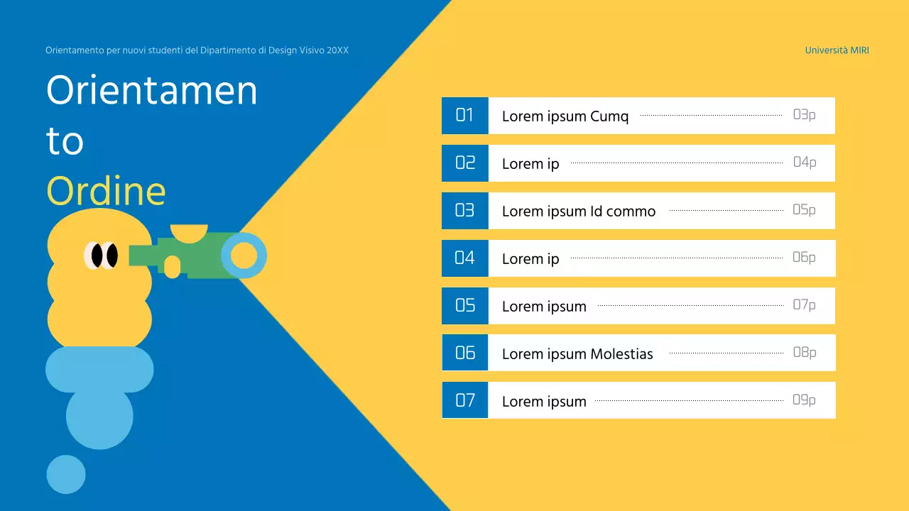 Materiale formativo giallo e blu per l'orientamento dei nuovi studenti dell'università