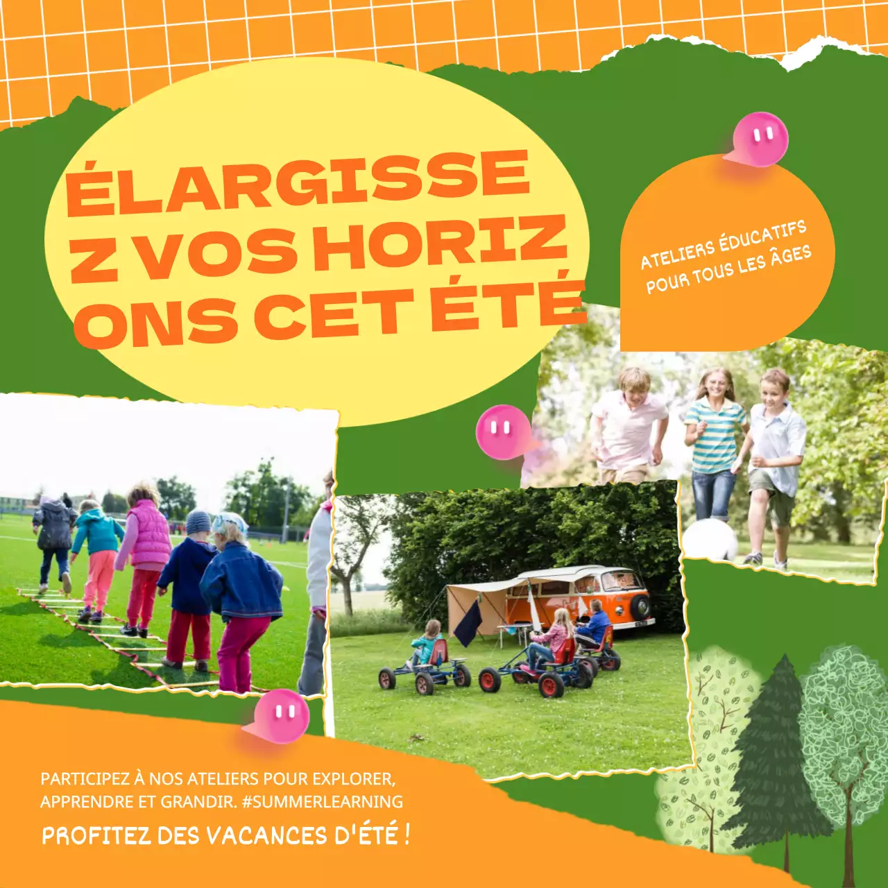 Publicité pour l'atelier d'été Orange et Vert Trendy Kids