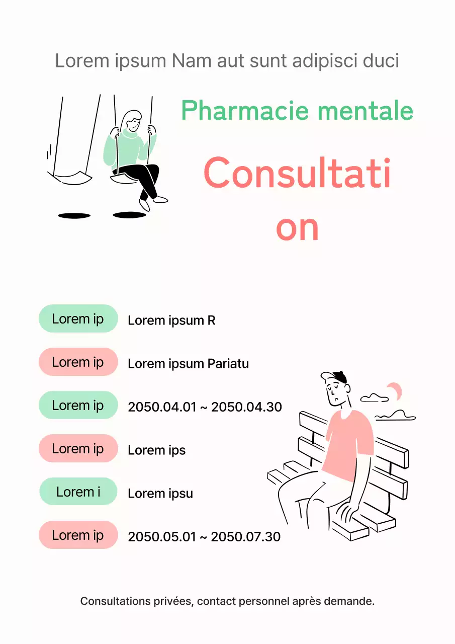 Postes de volontaires en conseil psychologique moderne, de couleur rose et menthe