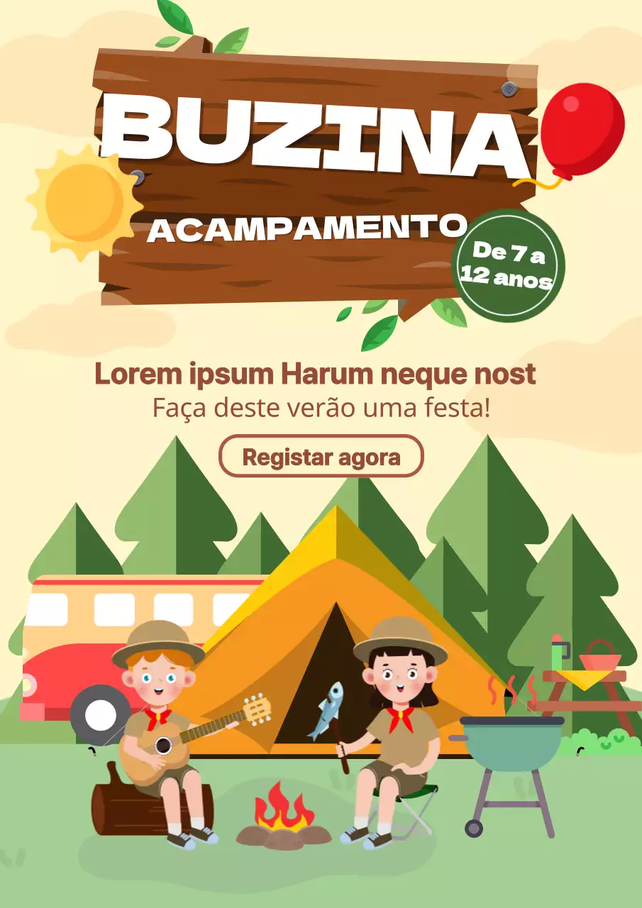 Anúncio de colónia de férias bege e verde encantadora para crianças