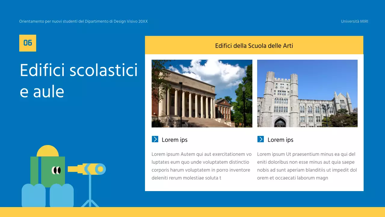 Materiale formativo giallo e blu per l'orientamento dei nuovi studenti dell'università