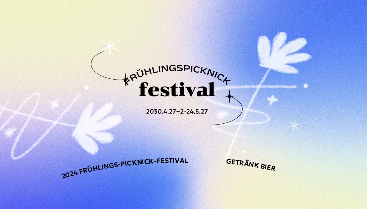 Ein farbenfrohes Konzeptfestival mit einem bunten Farbverlaufshintergrund und handgemalten Blumen und Glitzer