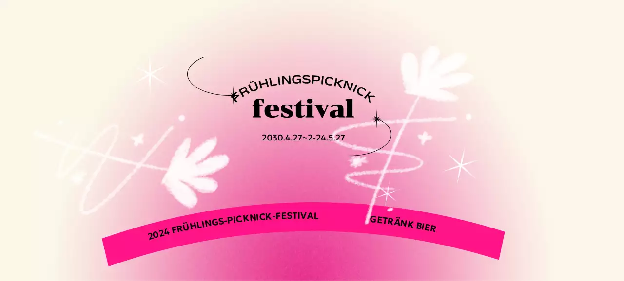 Ein farbenfrohes Konzeptfestival mit einem bunten Farbverlaufshintergrund und handgemalten Blumen und Glitzer