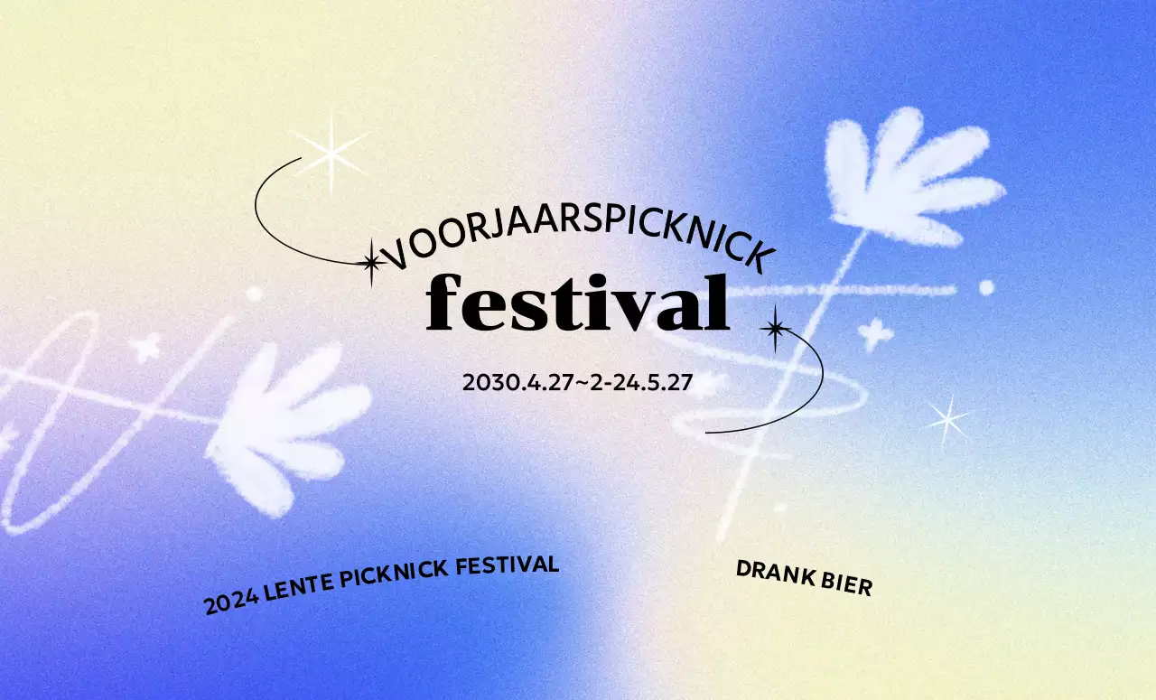 Een kleurrijk conceptfestival met een bonte gradiëntachtergrond en handgeschilderde bloemen en glitter