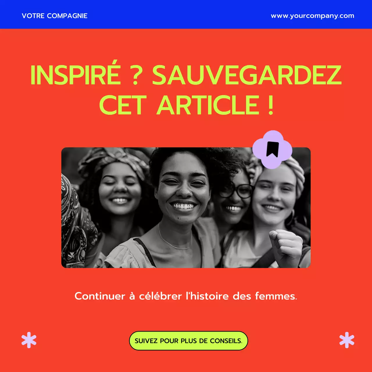 Publicité sur le thème du Mois de la femme en violet et jaune