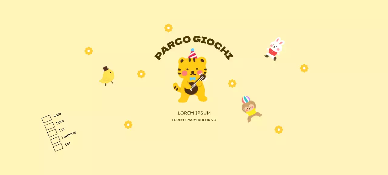 Design promozionale di un caffè per bambini con simpatiche illustrazioni di animali