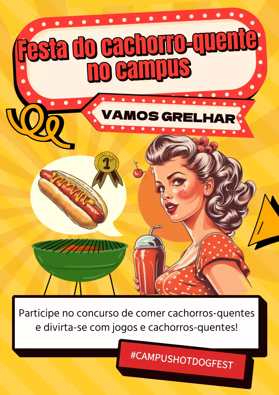 Anúncio do Dia do Cachorro Quente no Campus Amarelo e Vermelho Retro