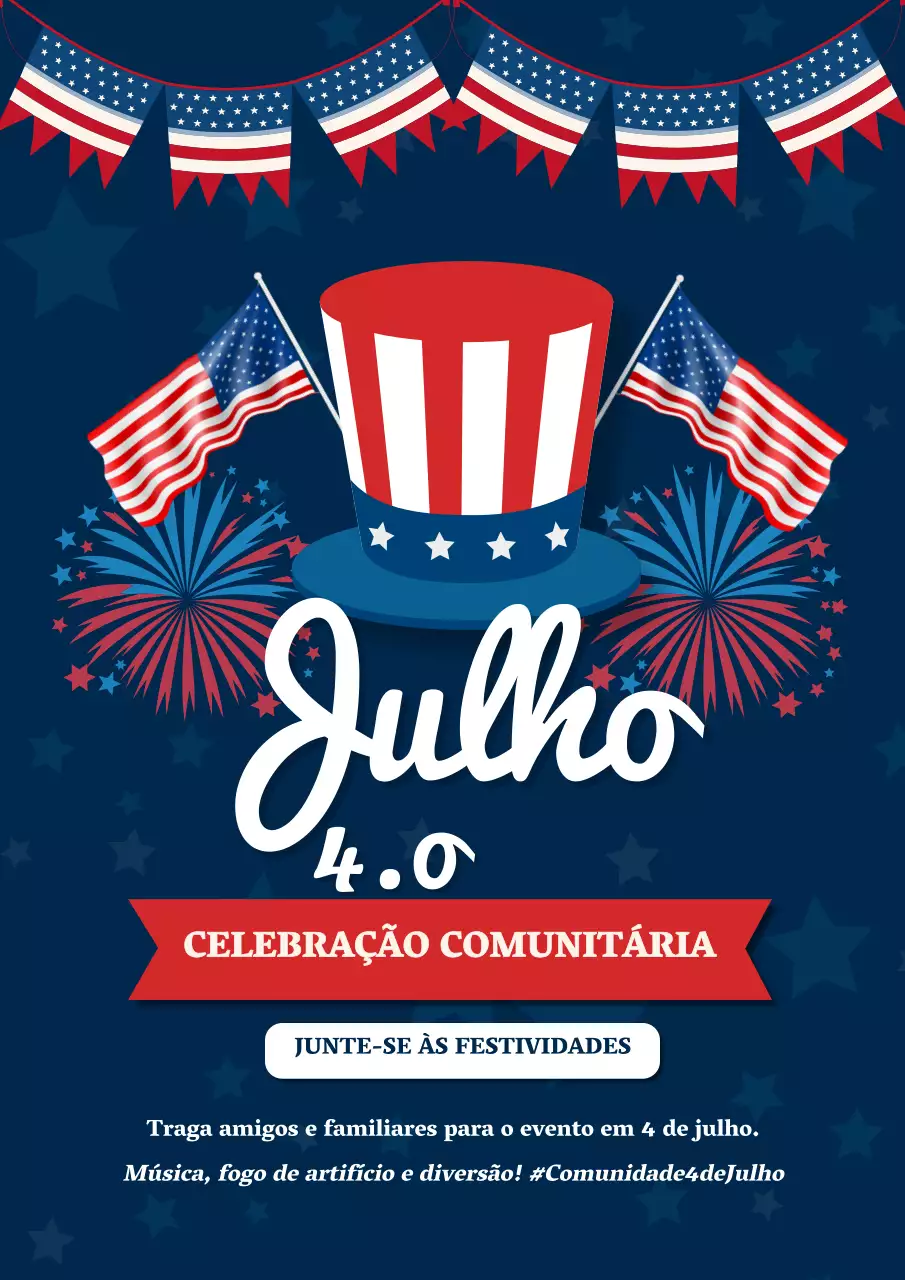 Anúncio clássico azul e vermelho da celebração do 4 de julho