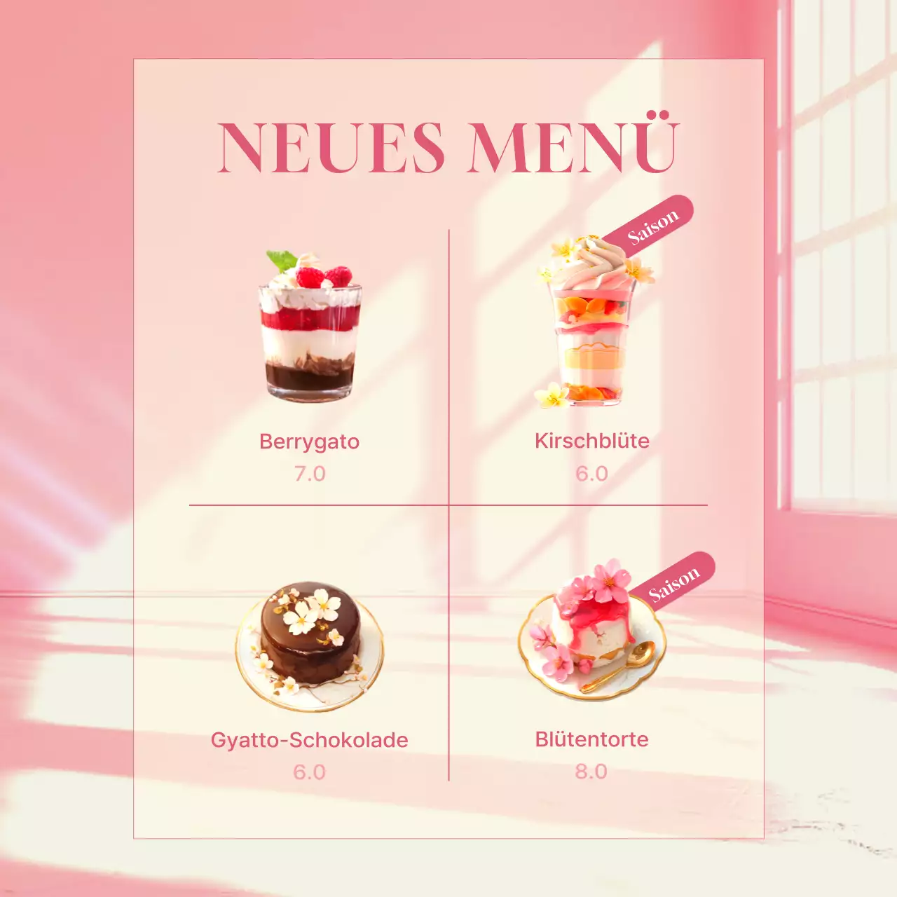 Werbung für ein einfaches Café-Frühlingsmenü in Rosa