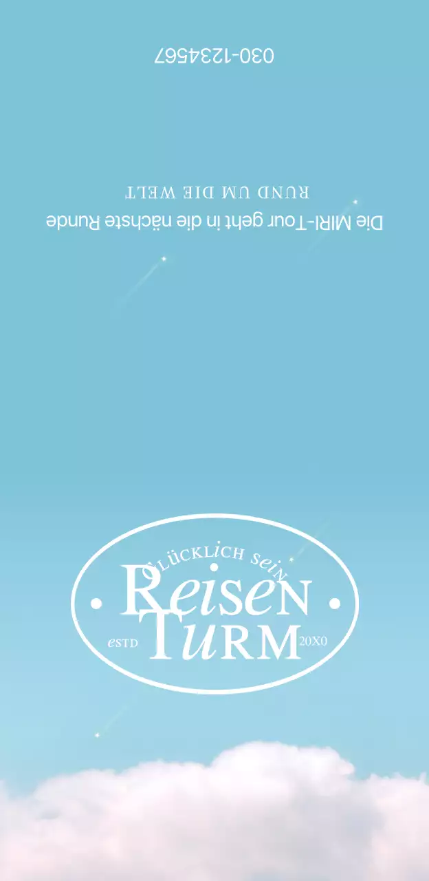 Reisebüroartikel mit Wolken und hellblauem Hintergrund mit Sternen und Serifenschriften