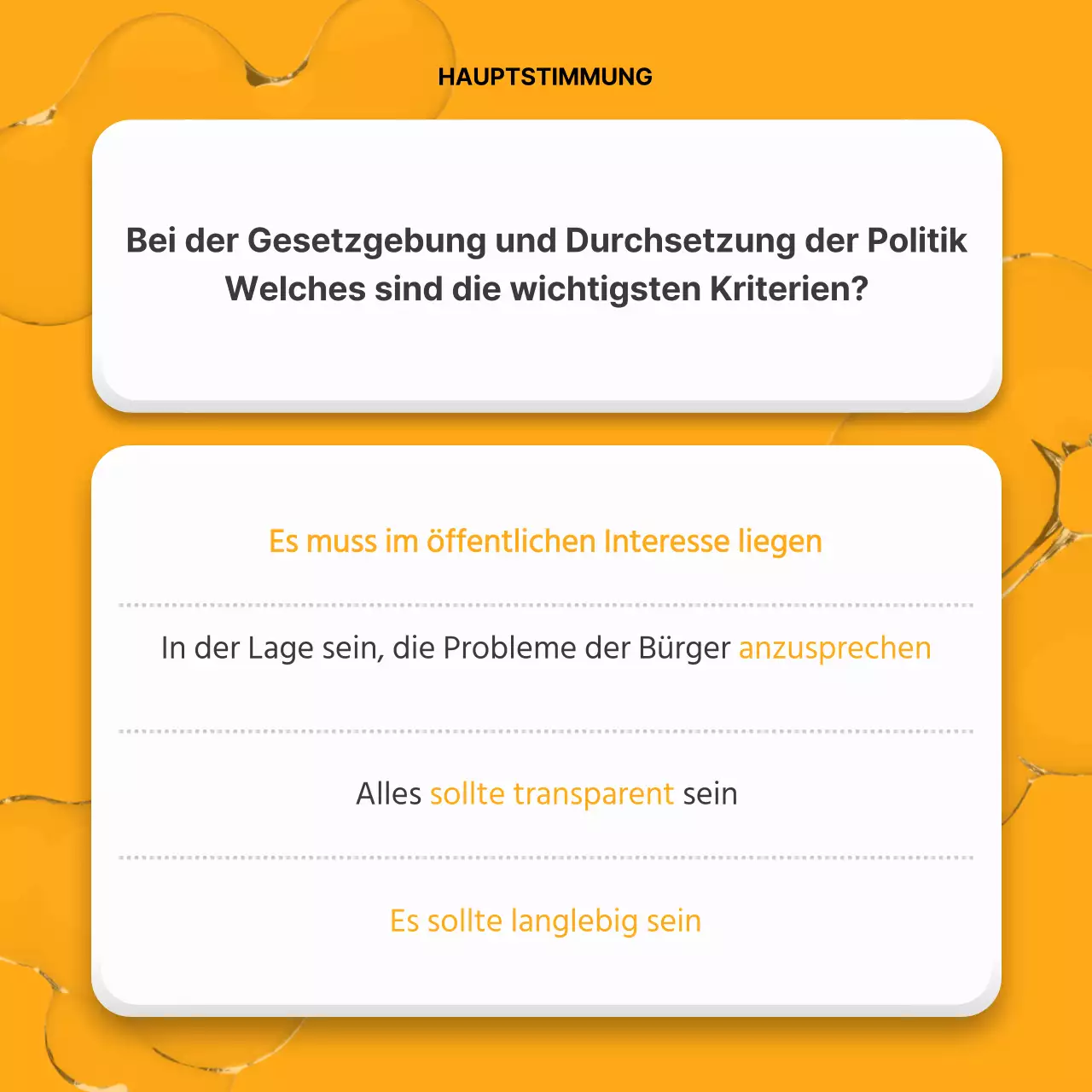 Gelbe und orangefarbene Farbtupfer im Bericht zur Bürgerpolitik