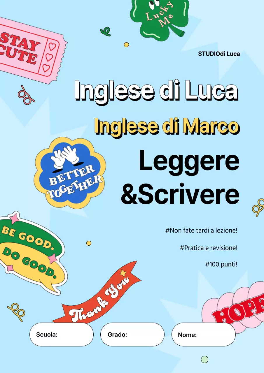 Libro di interrogazioni scolastiche in inglese con sfondo azzurro, in stile kitsch