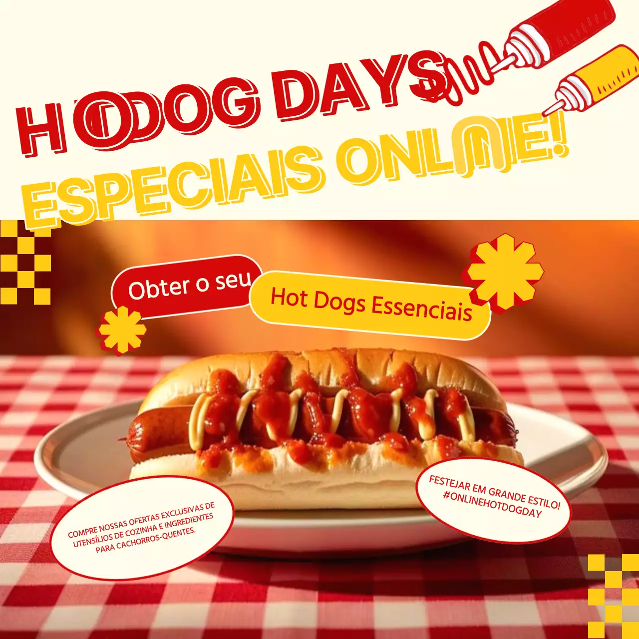 Anunciar um evento de venda de cachorros-quentes retro vermelho e amarelo