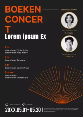 Moderne boekconcertpromotie met auteursfoto in zwart en oranje
