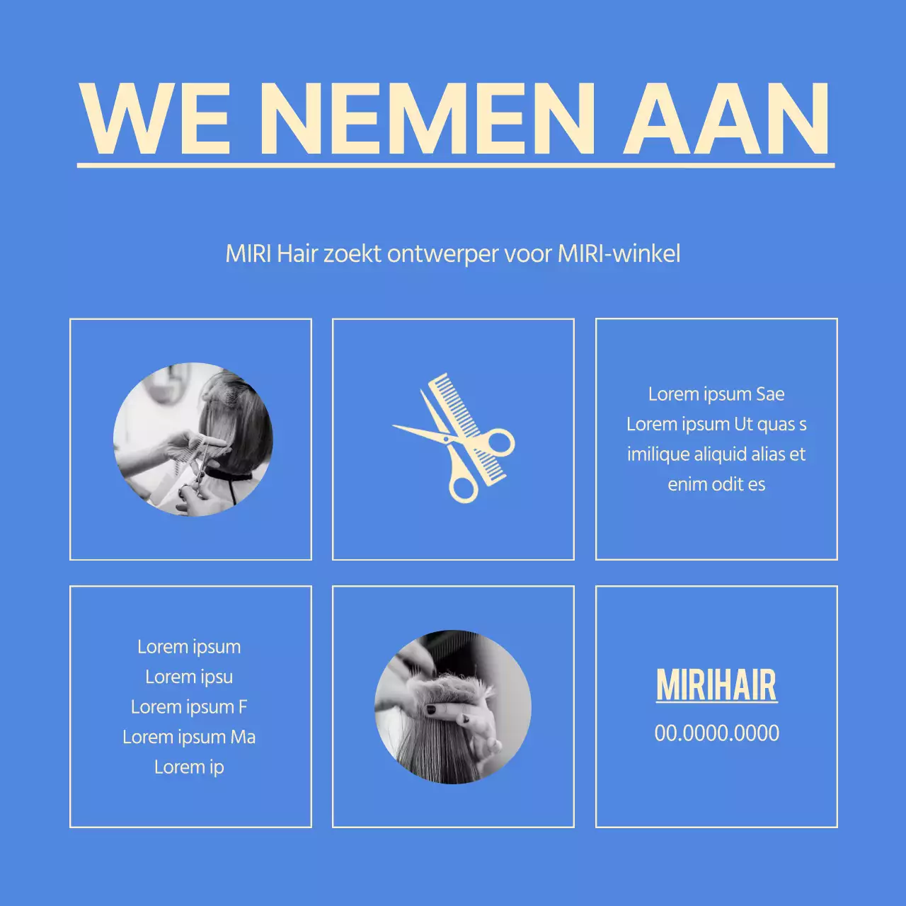 Eenvoudige vacature voor haarontwerper in blauw en geel