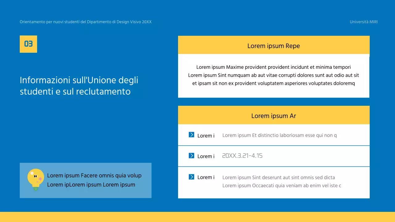 Materiale formativo giallo e blu per l'orientamento dei nuovi studenti dell'università