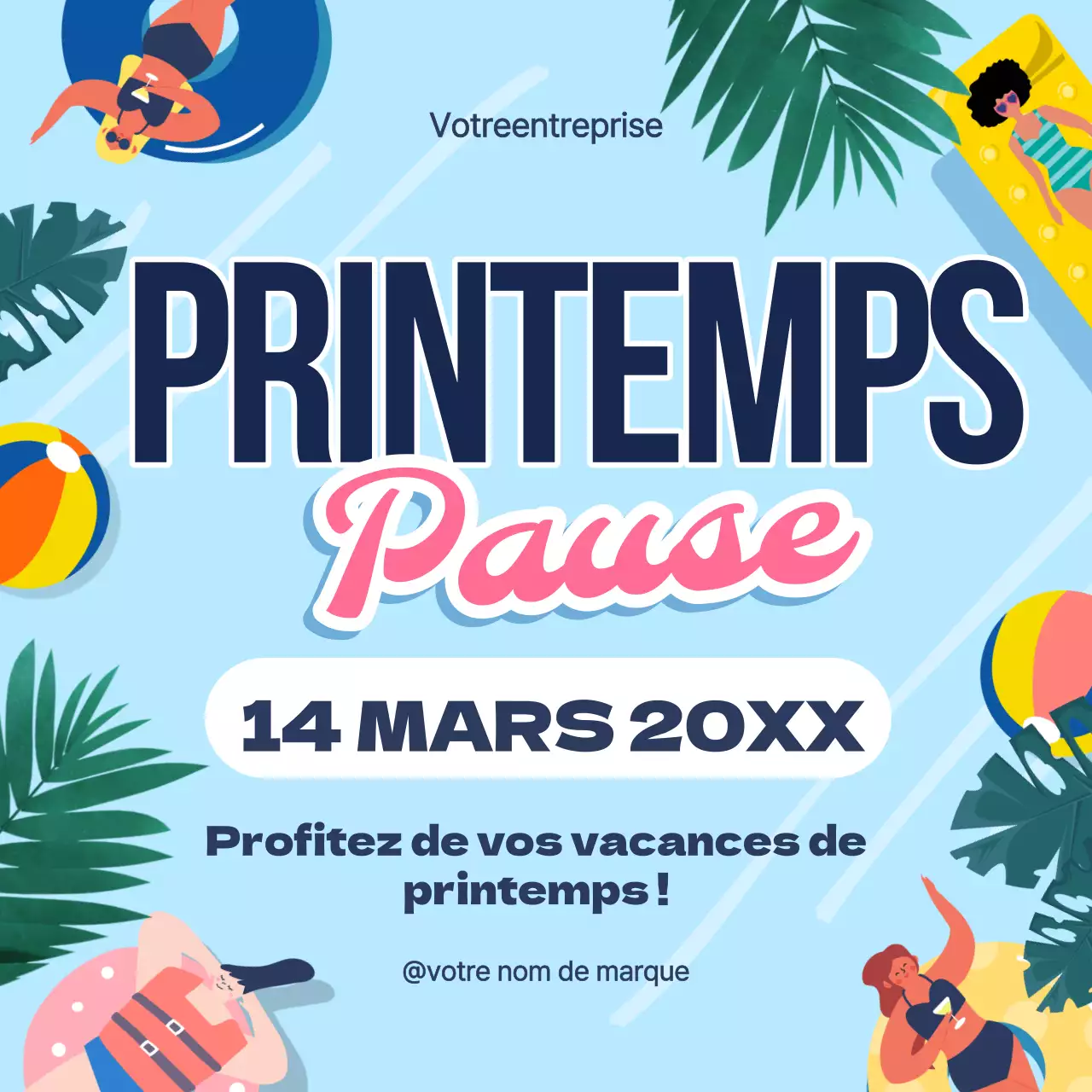 Annonce de vœux pour les vacances de printemps tropicales bleues et roses