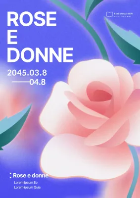 Illustrazioni di rose rosa e blu e promozione della Fiera del Libro per la Giornata della Donna