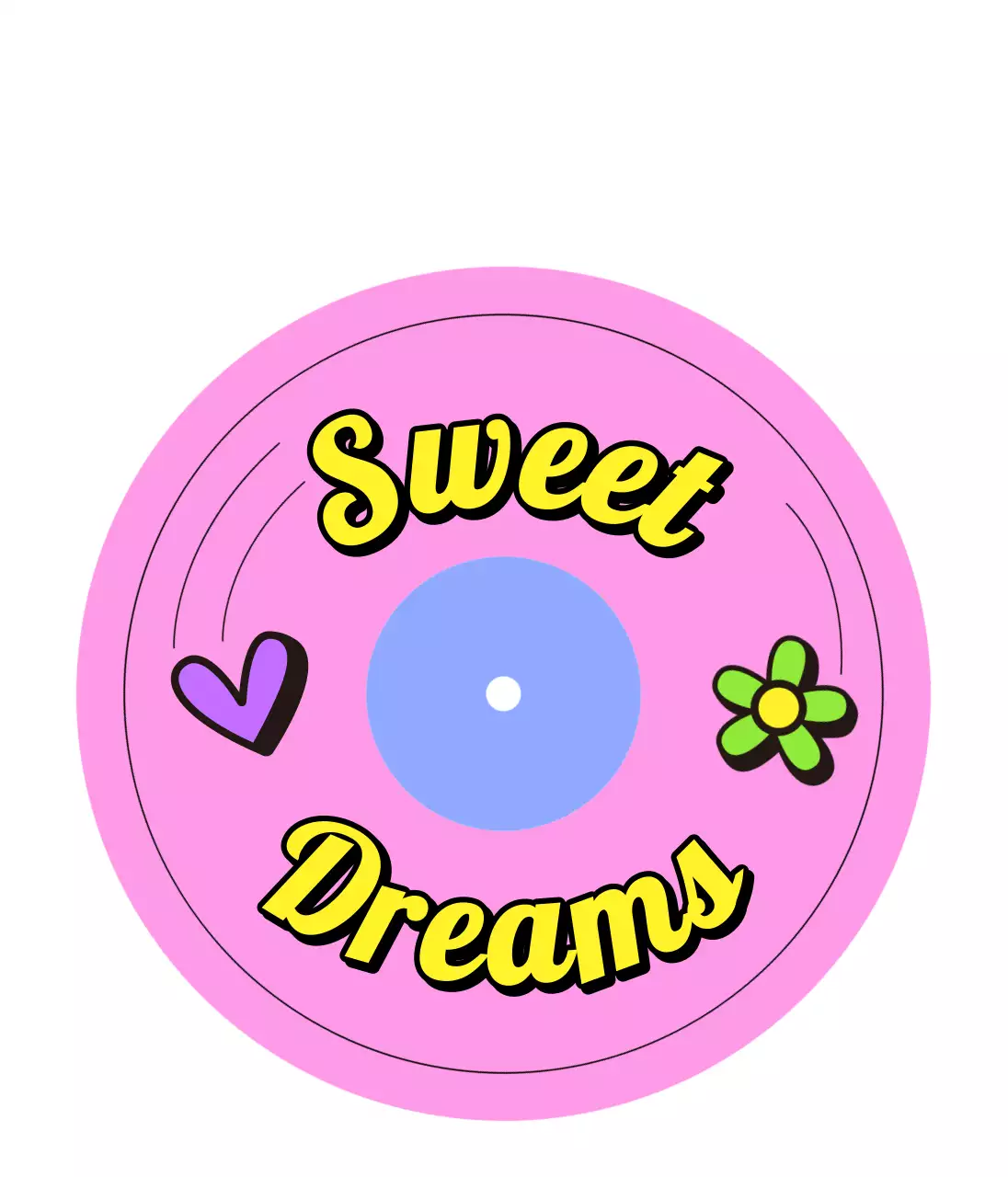 Merchandise kitsch dengan bentuk vinil dan elemen warna-warni