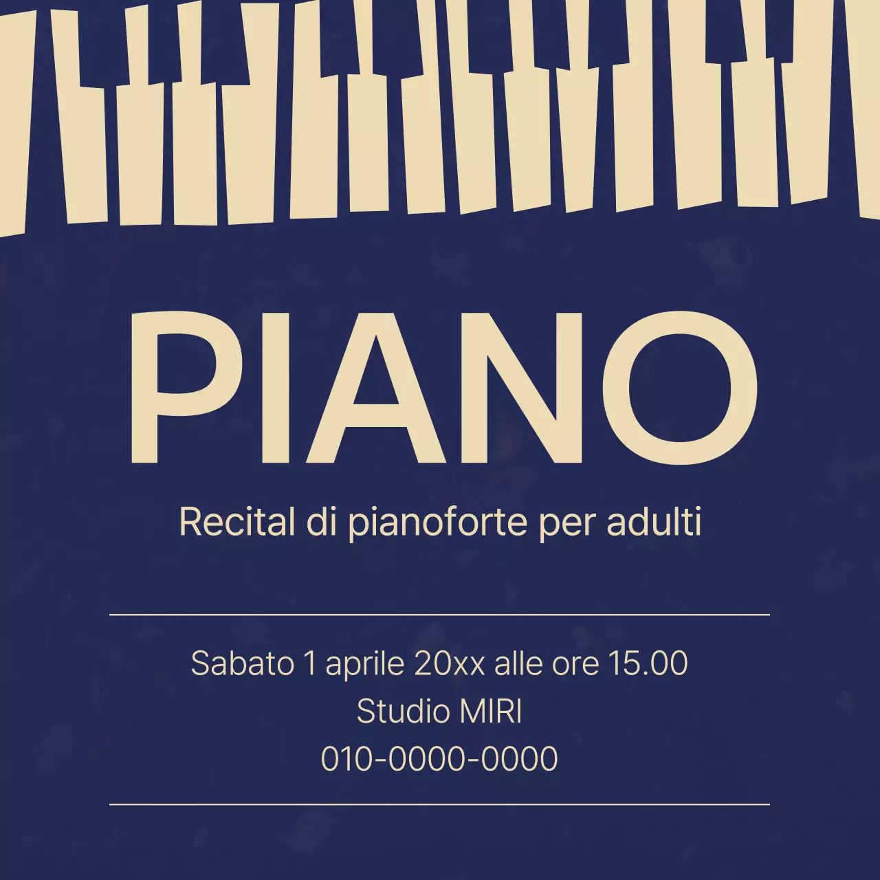 Pubblicità d'epoca per il reclutamento di una scuola di pianoforte con sfondo blu