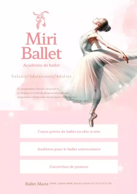 Une annonce classique de recrutement d'une école de ballet en rose et blanc.