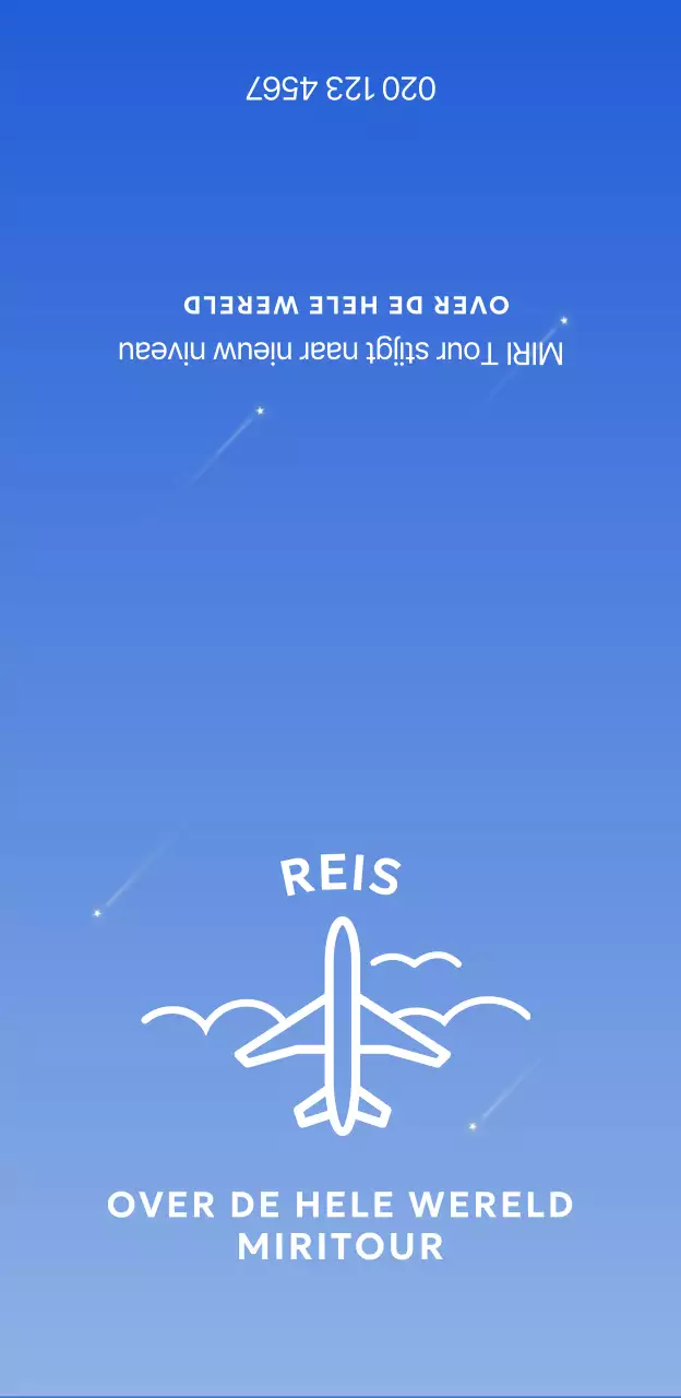 Eenvoudige merchandise van een reisbureau met een blauw raster en een illustratie van een vliegtuig.