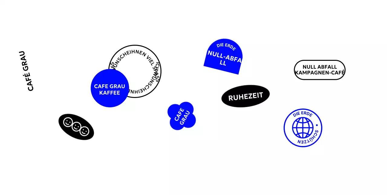 Einfaches Café mit blau-schwarzen Formen und Text