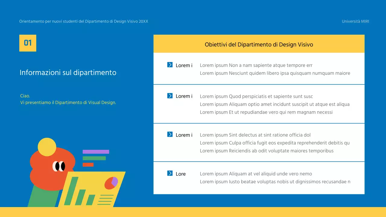 Materiale formativo giallo e blu per l'orientamento dei nuovi studenti dell'università
