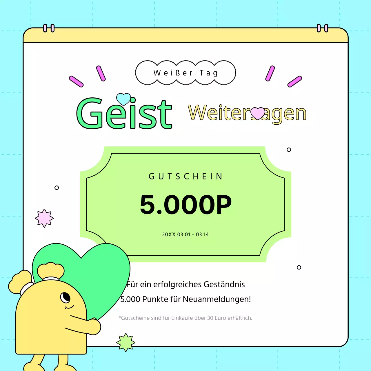 Werben Sie für eine kitschige Veranstaltung zum Weißen Tag mit fluoreszierenden Farben und heißem Pink