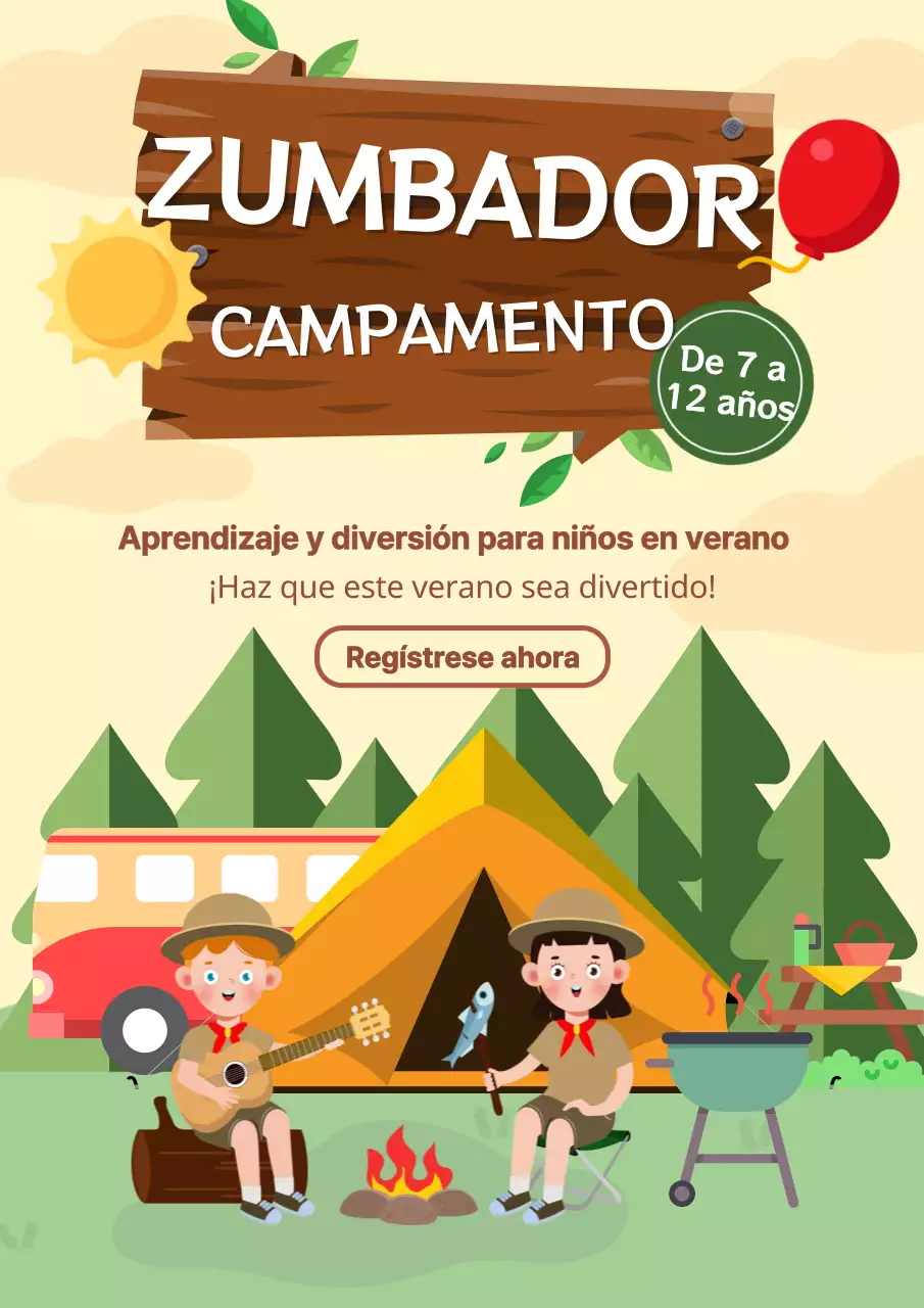 Anuncio de campamento de verano para niños con encanto en beige y verde