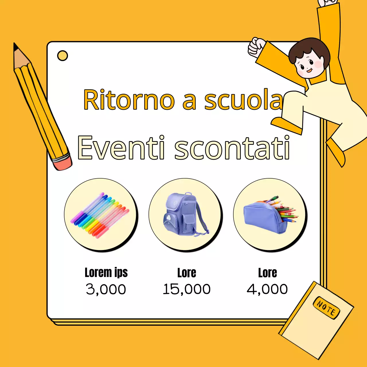 Semplice annuncio di vendita per il ritorno a scuola in giallo e arancione