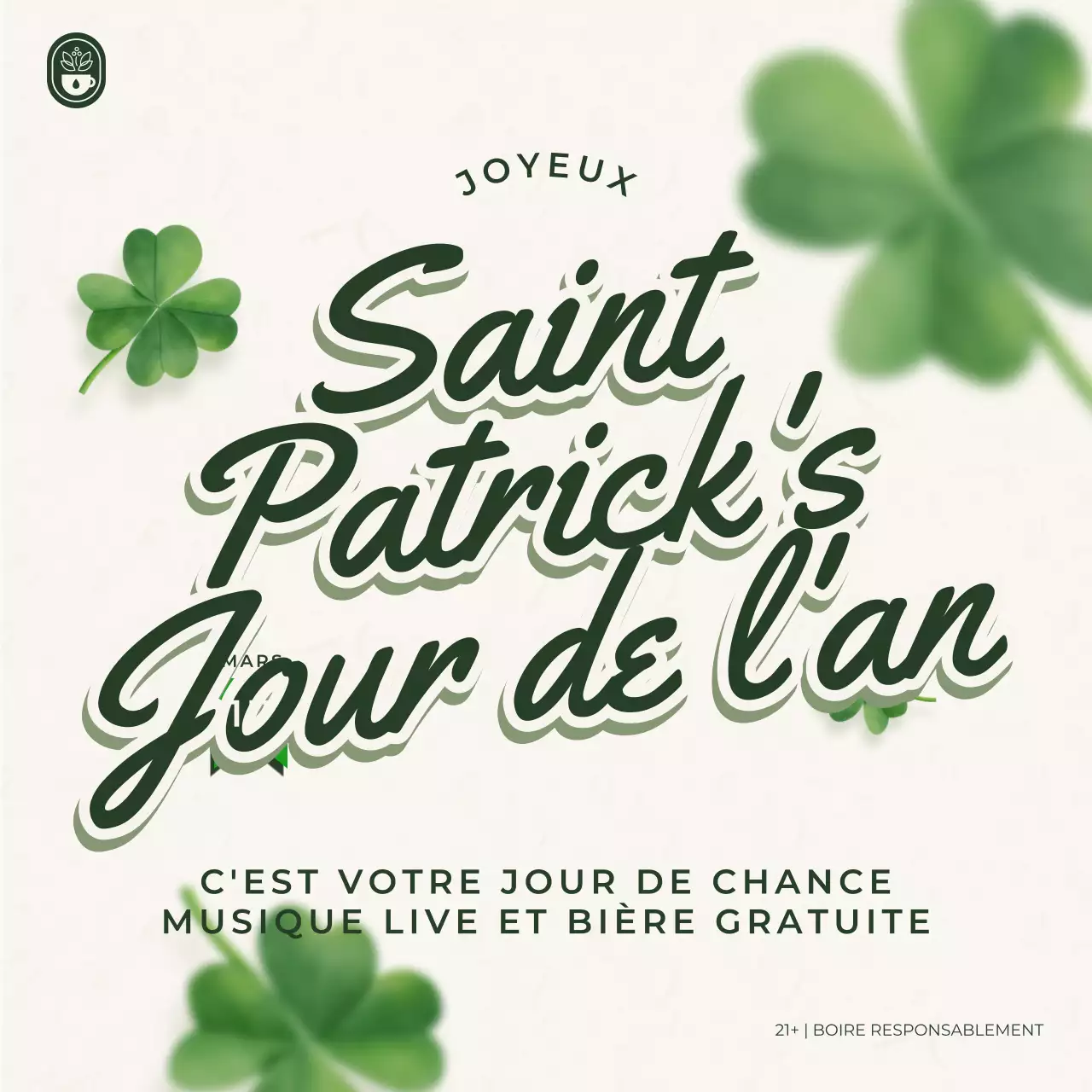 Publicité pour l'événement de la Saint-Patrick en beige et vert à l'ancienne